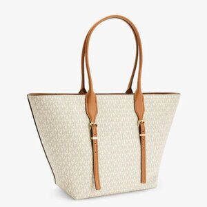 NWT ✅  Michael Kors MOORE Large Signature Logo Buckle Tote Bag VANILLA ACORN✨NWT